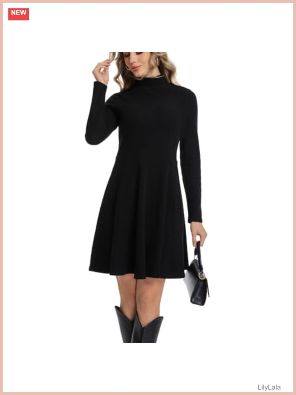 Women Turtleneck Ribbed Knit Long Sleeve A-Line Mini Dress Fall Winter